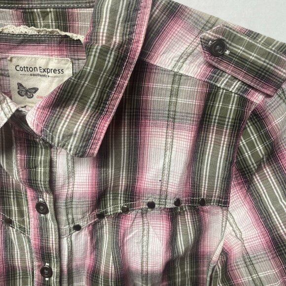 Cotton Express Womens Button Up Pink Gray Plaid Cotton Sz XS 3/4 Sleeves Western - Picture 4 of 16